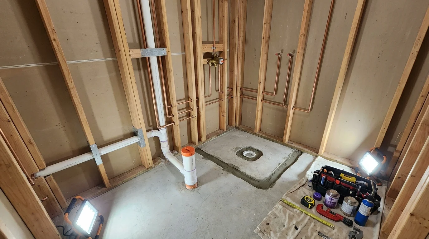 Bathroom rough-in plumbing during remodel by Johns Plumbing LLC in Macon