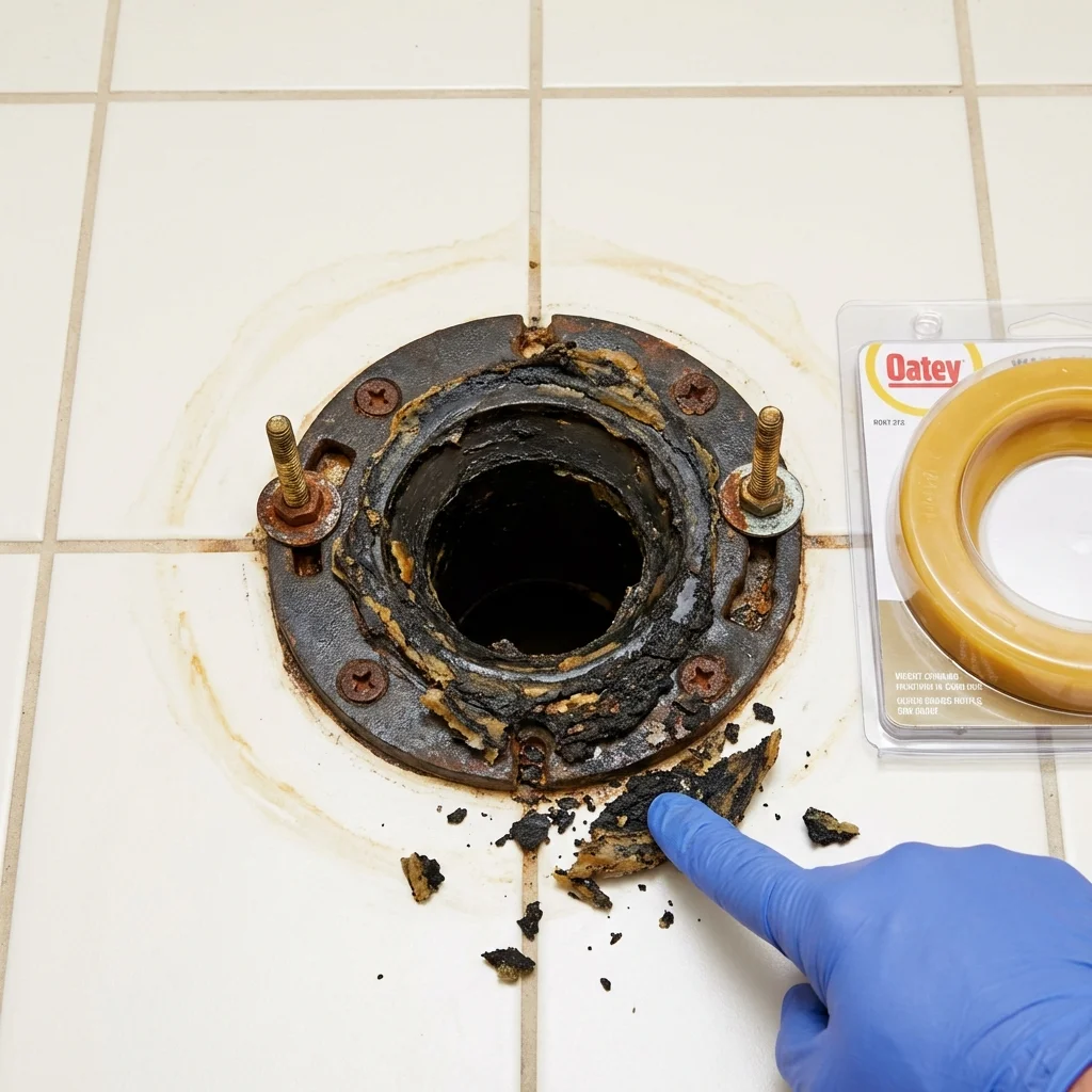 Failed wax ring showing water seepage at the base of a toilet in a Macon, MS home